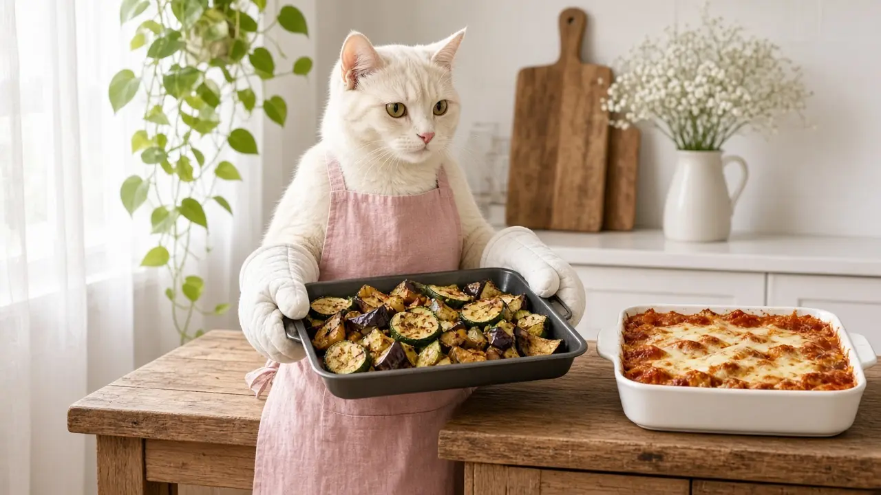 A cream-coloured cat in a pink apron, cooking this dish