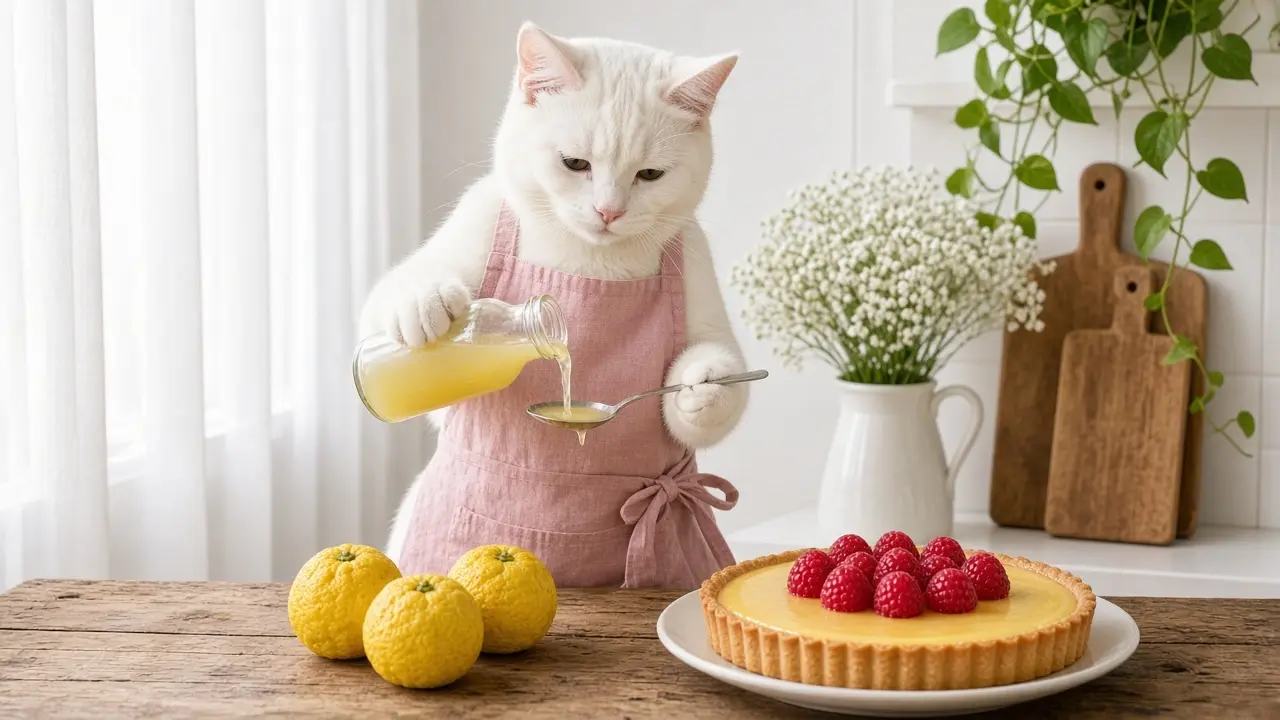A cream-coloured cat in a pink apron, cooking this dish