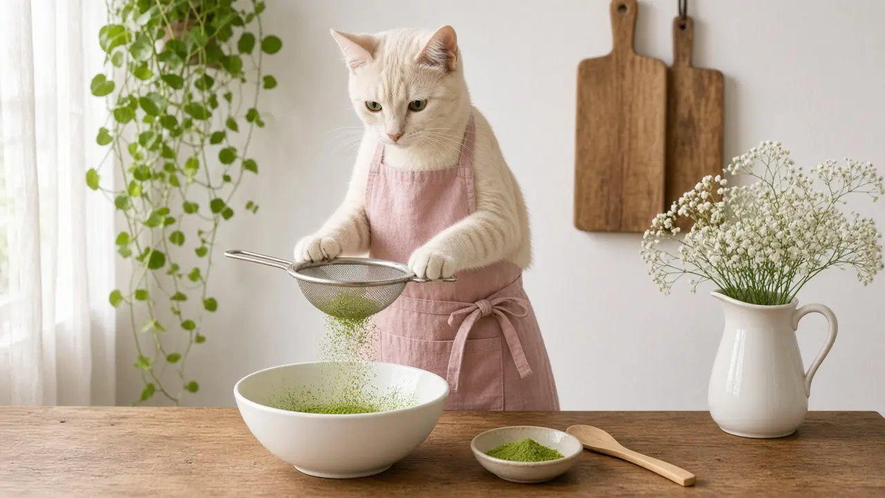 A cream-coloured cat in a pink apron, cooking this dish