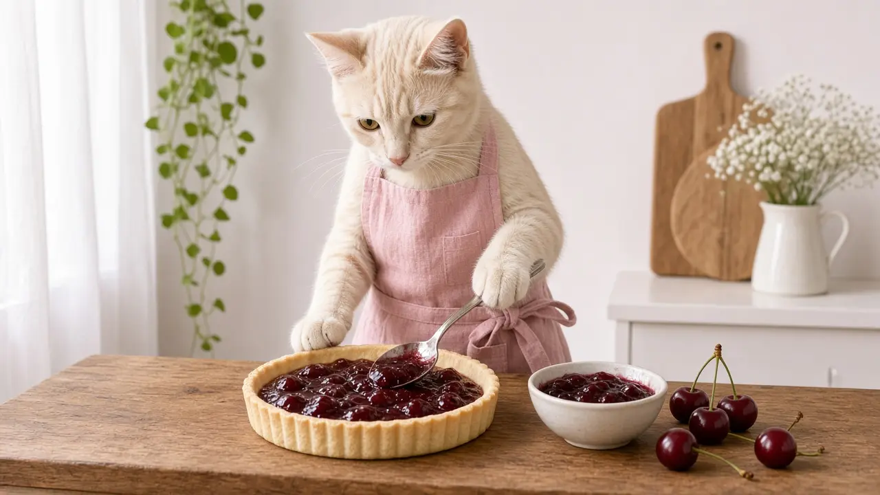A cream-coloured cat in a pink apron, cooking this dish
