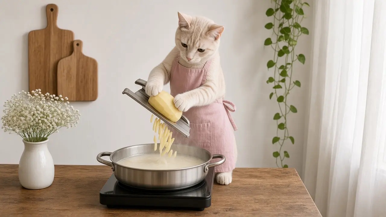 A cream-coloured cat in a pink apron, cooking this dish