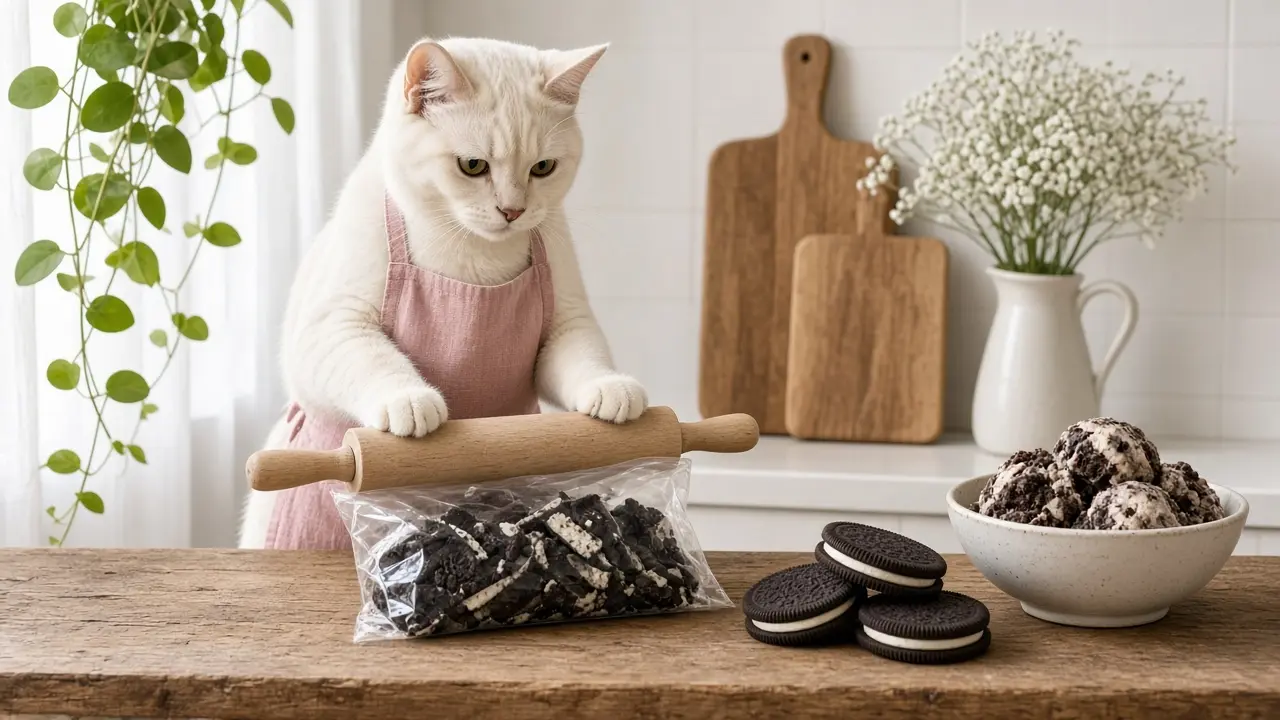 A cream-coloured cat in a pink apron, cooking this dish