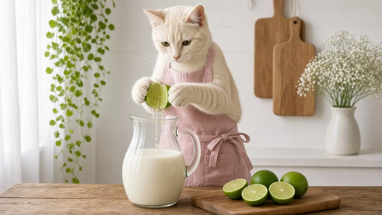 A cream-coloured cat in a pink apron, cooking this dish