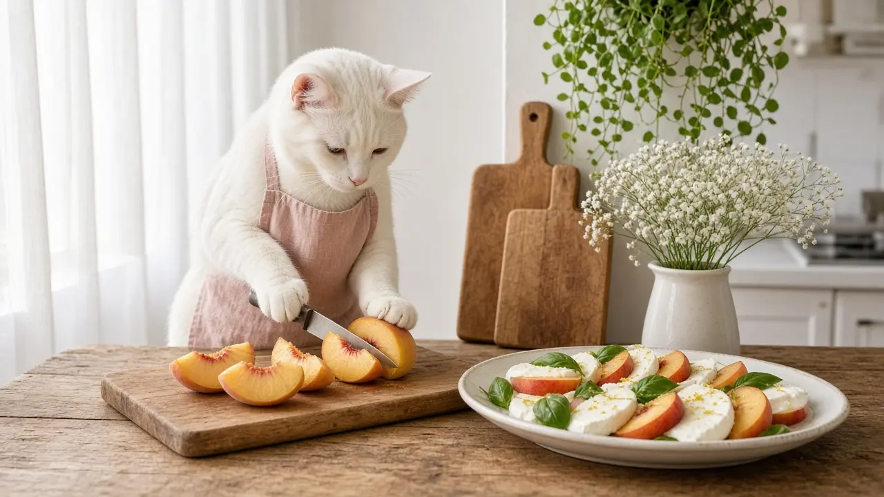 A cream-coloured cat in a pink apron, cooking this dish