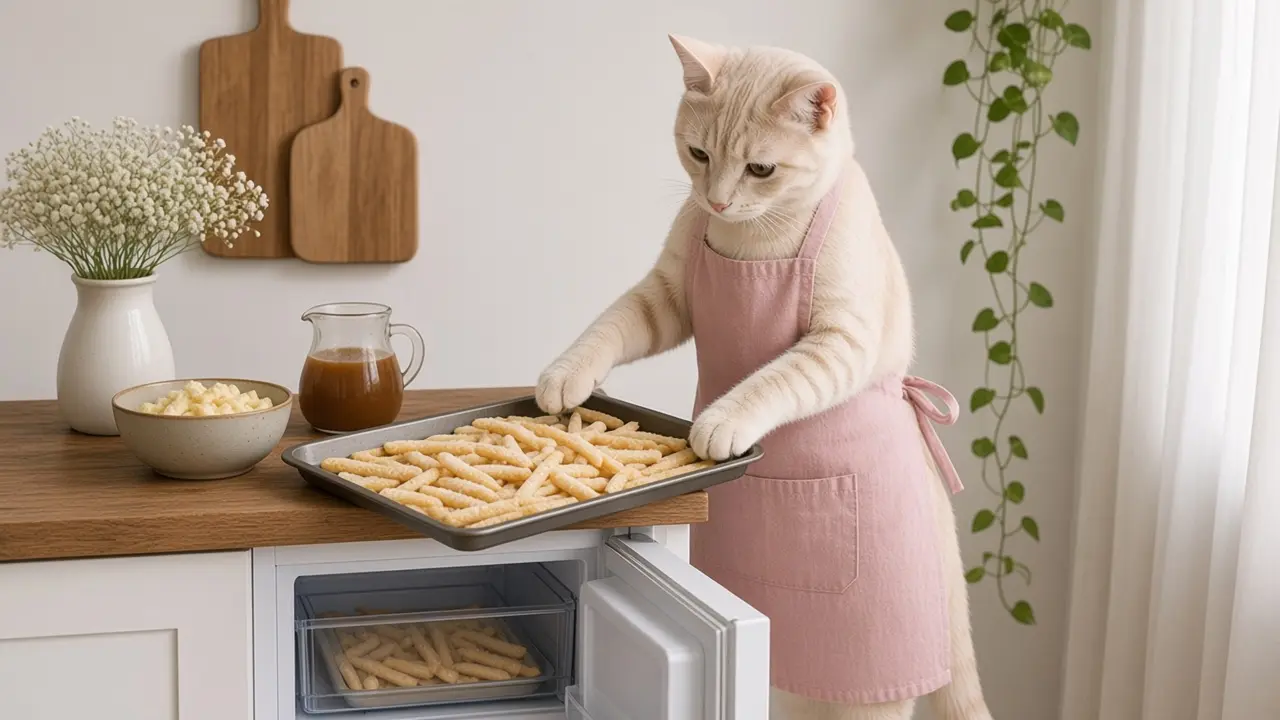 A cream-coloured cat in a pink apron, cooking this dish
