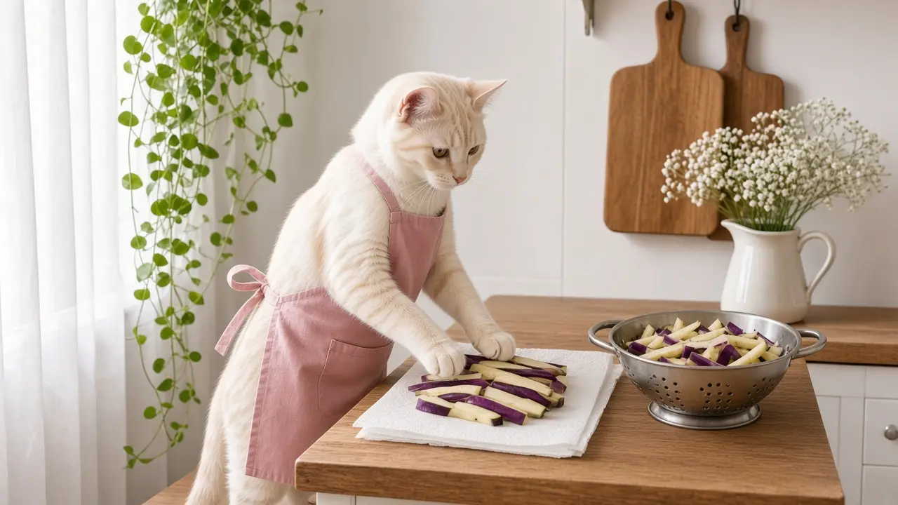 A cream-coloured cat in a pink apron, cooking this dish