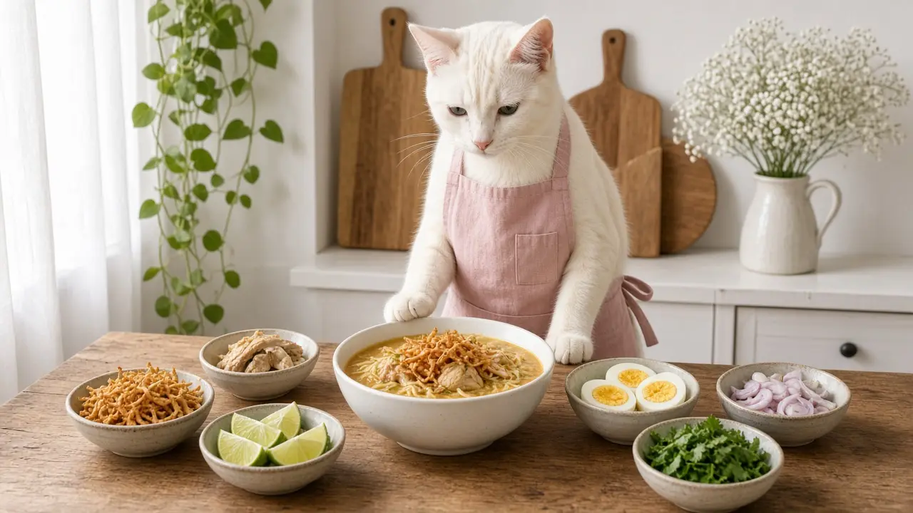 A cream-coloured cat in a pink apron, cooking this dish