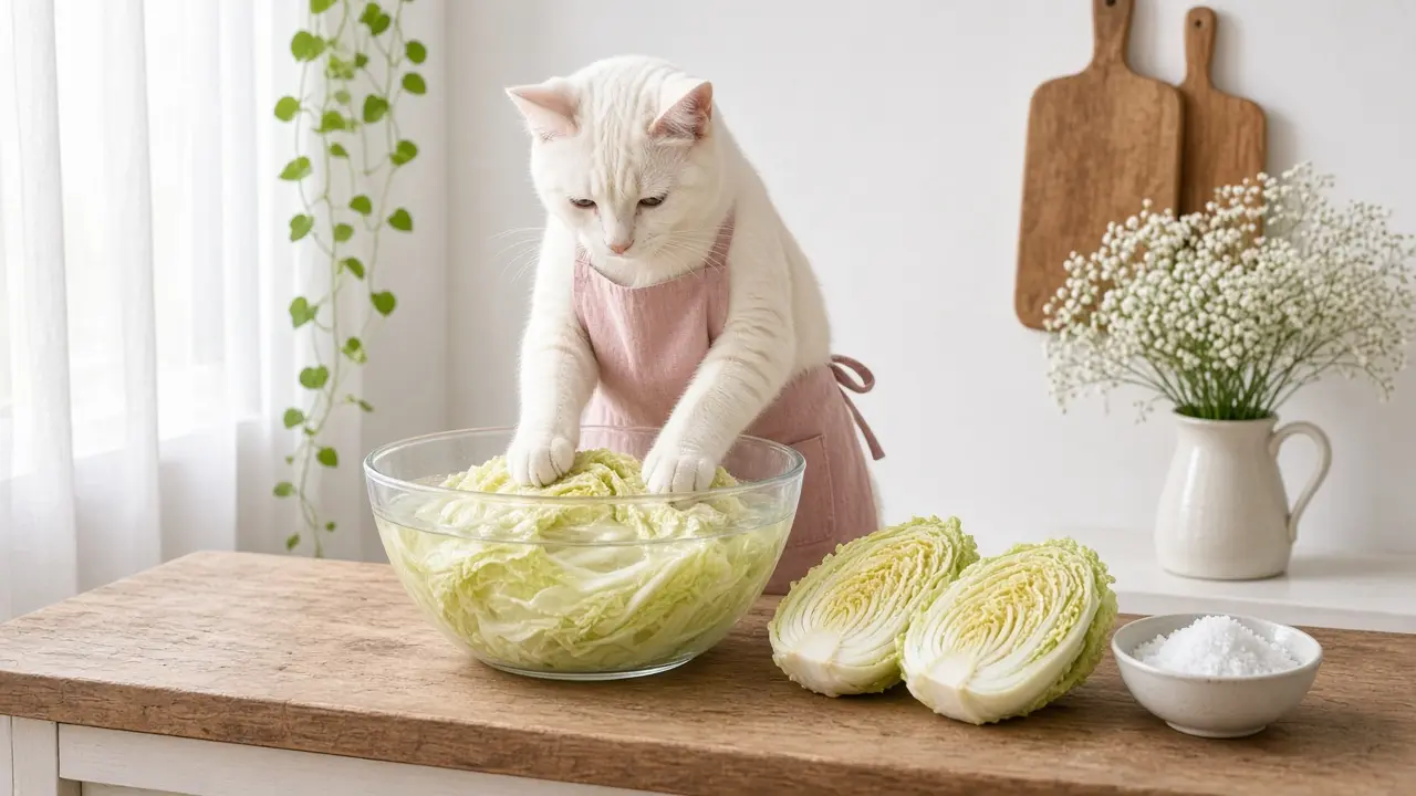 A cream-coloured cat in a pink apron, cooking this dish