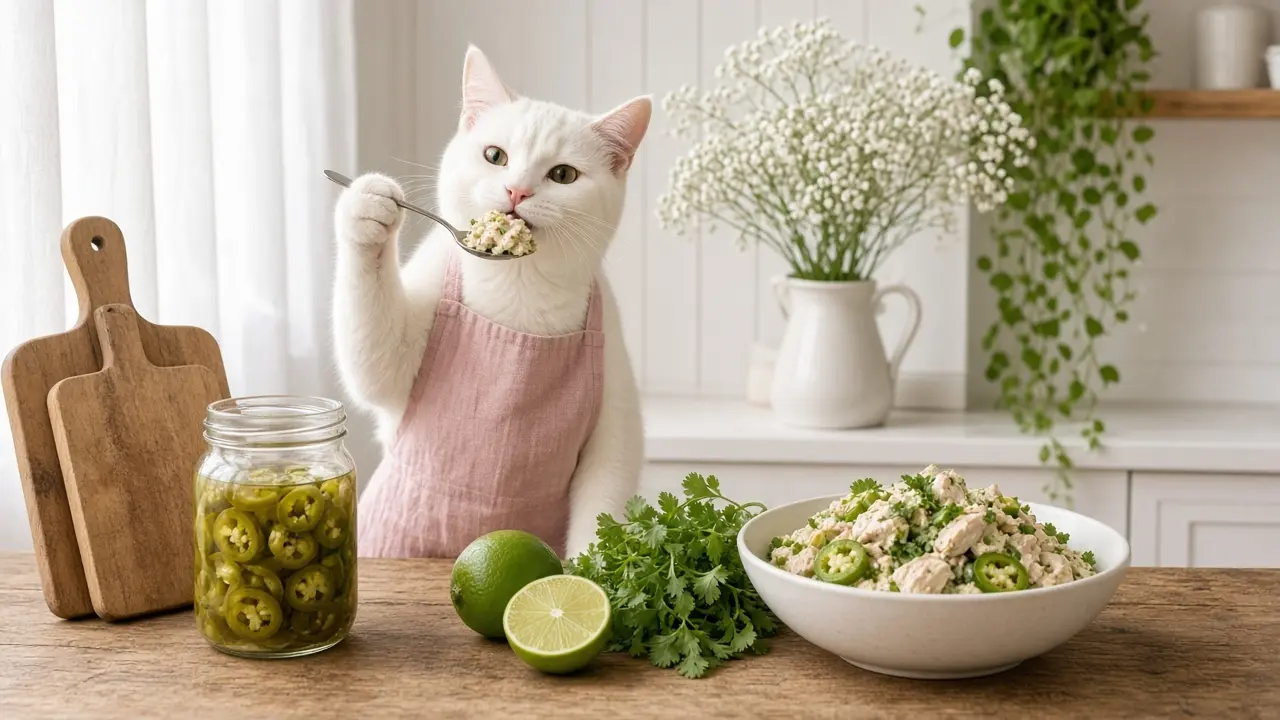A cream-coloured cat in a pink apron, cooking this dish