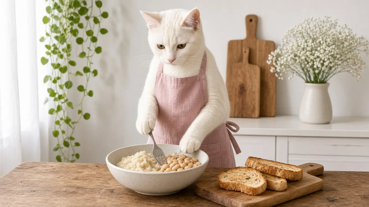 A cream-coloured cat in a pink apron, cooking this dish