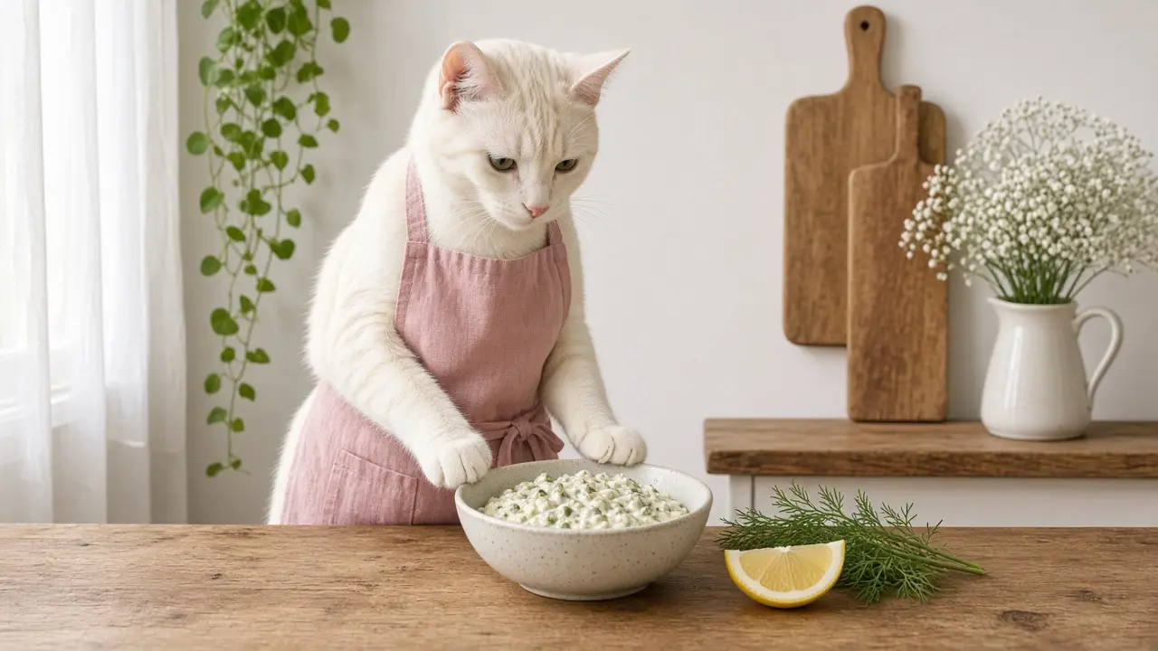 A cream-coloured cat in a pink apron, cooking this dish