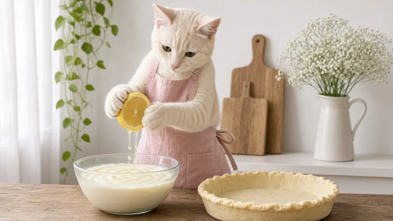 A cream-coloured cat in a pink apron, cooking this dish
