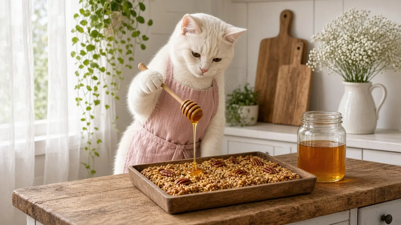 A cream-coloured cat in a pink apron, cooking this dish
