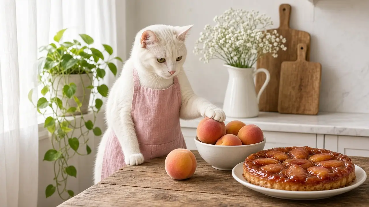 A cream-coloured cat in a pink apron, cooking this dish