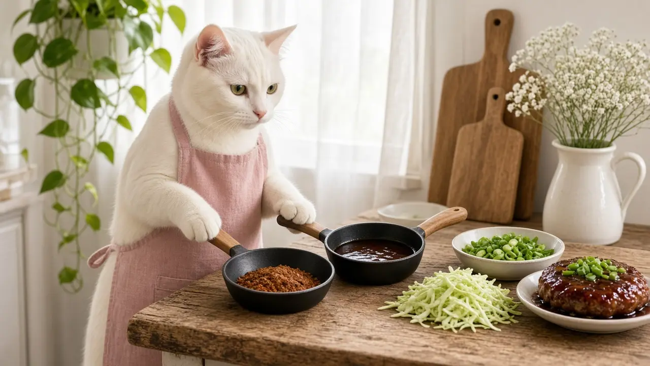A cream-coloured cat in a pink apron, cooking this dish