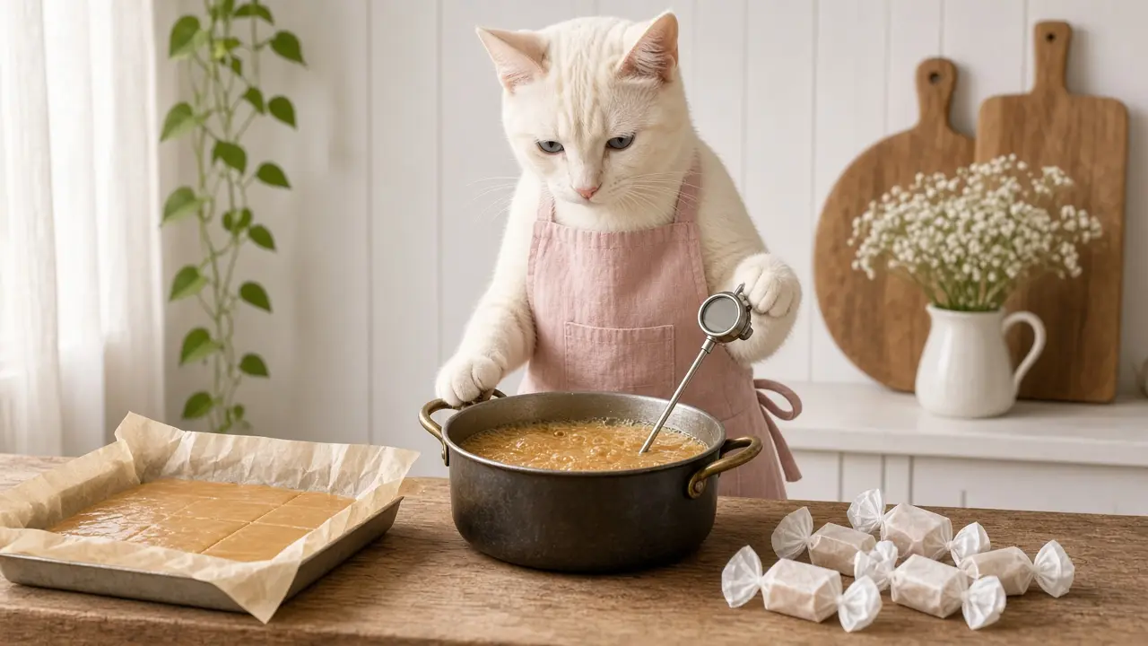 A cream-coloured cat in a pink apron, cooking this dish