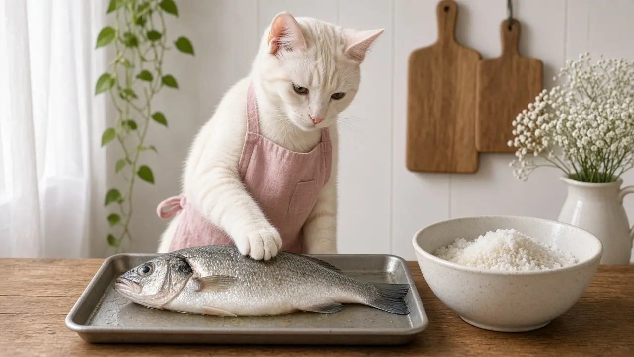A cream-coloured cat in a pink apron, cooking this dish