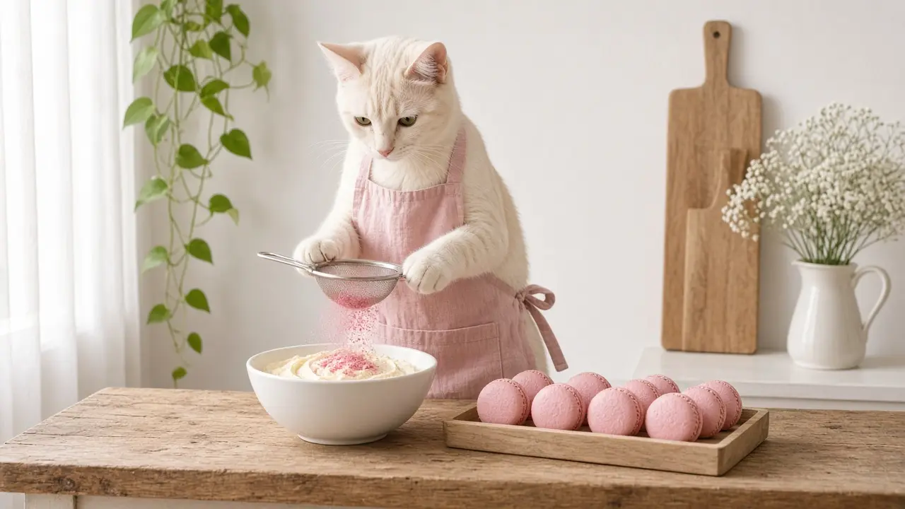 A cream-coloured cat in a pink apron, cooking this dish