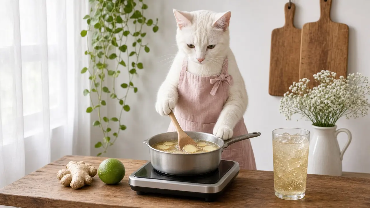A cream-coloured cat in a pink apron, cooking this dish
