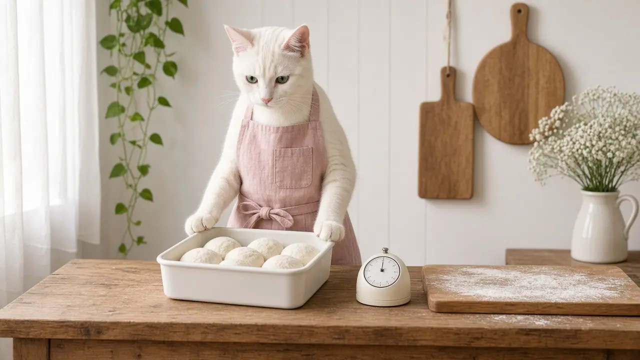 A cream-coloured cat in a pink apron, cooking this dish