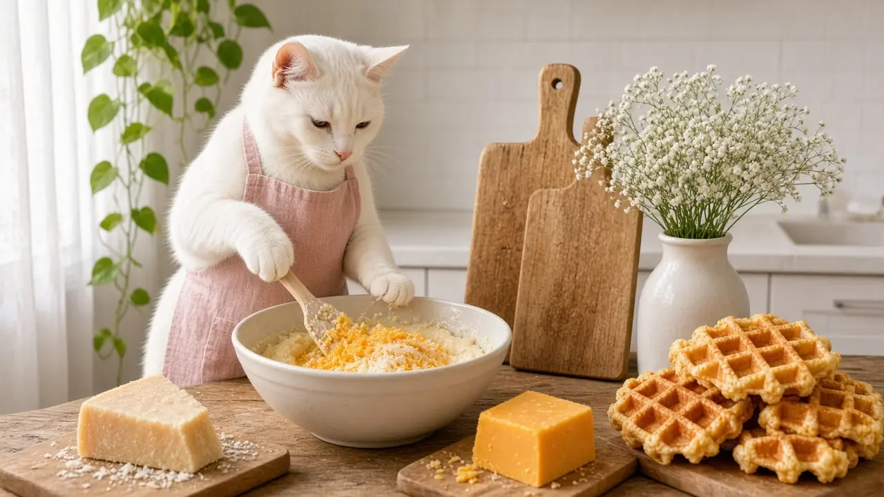 A cream-coloured cat in a pink apron, cooking this dish