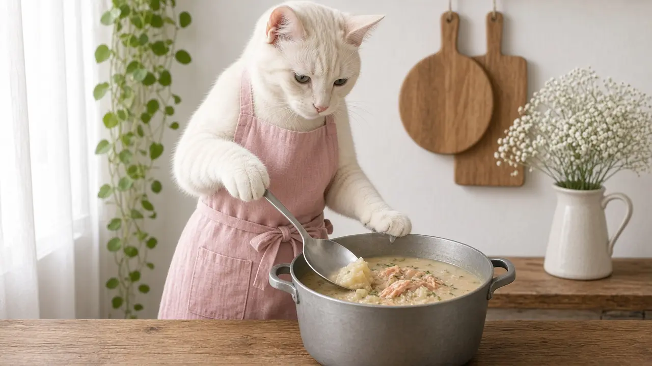 A cream-coloured cat in a pink apron, cooking this dish