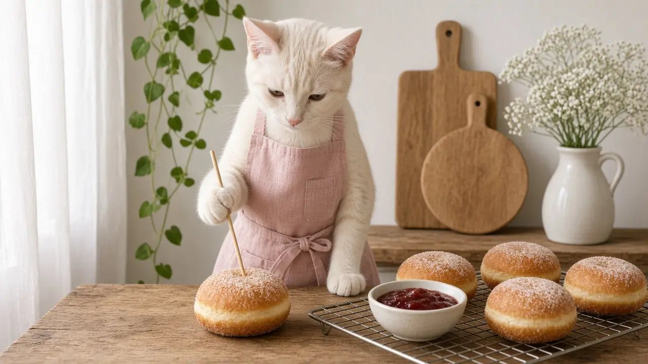 A cream-coloured cat in a pink apron, cooking this dish