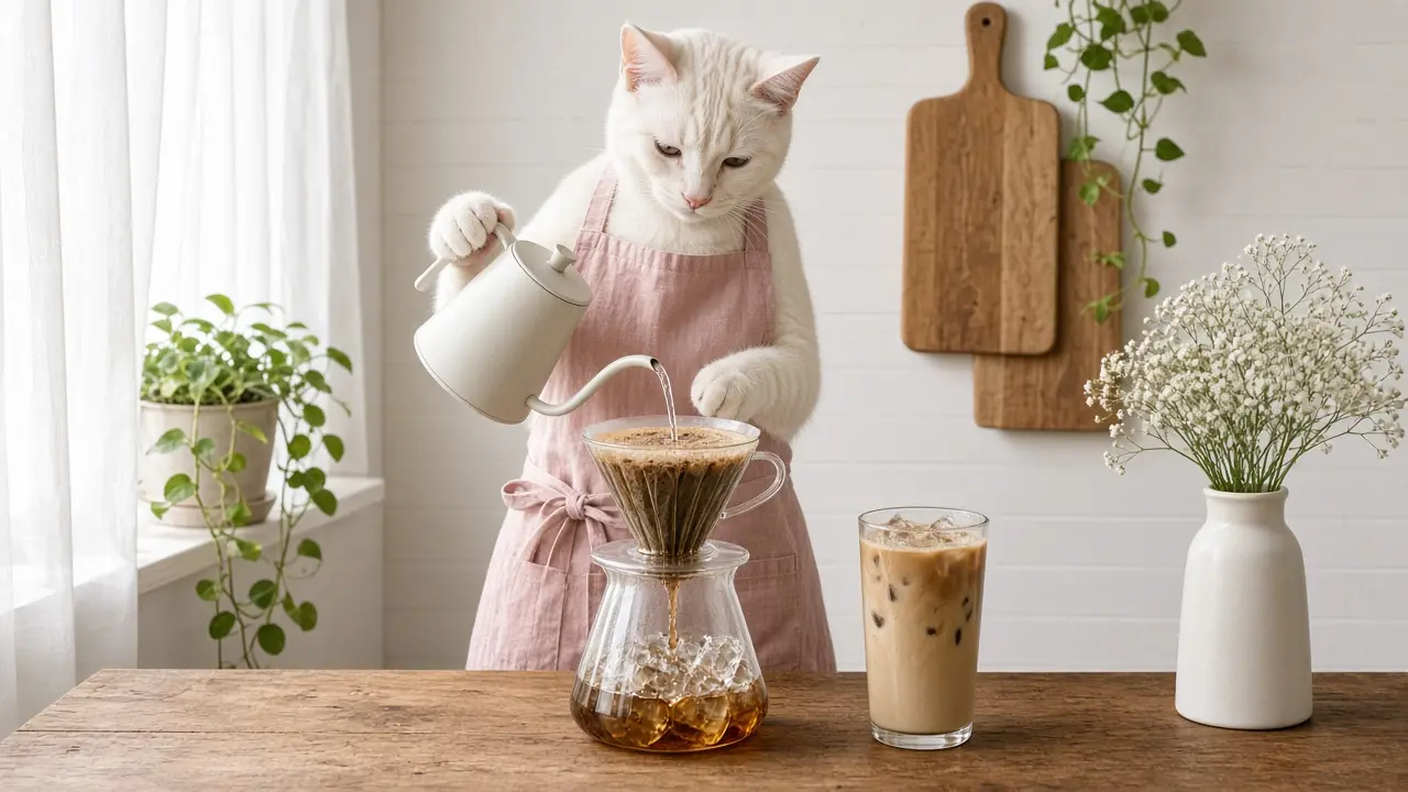 A cream-coloured cat in a pink apron, cooking this dish