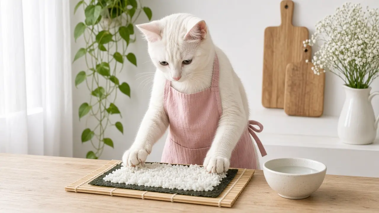 A cream-coloured cat in a pink apron, cooking this dish