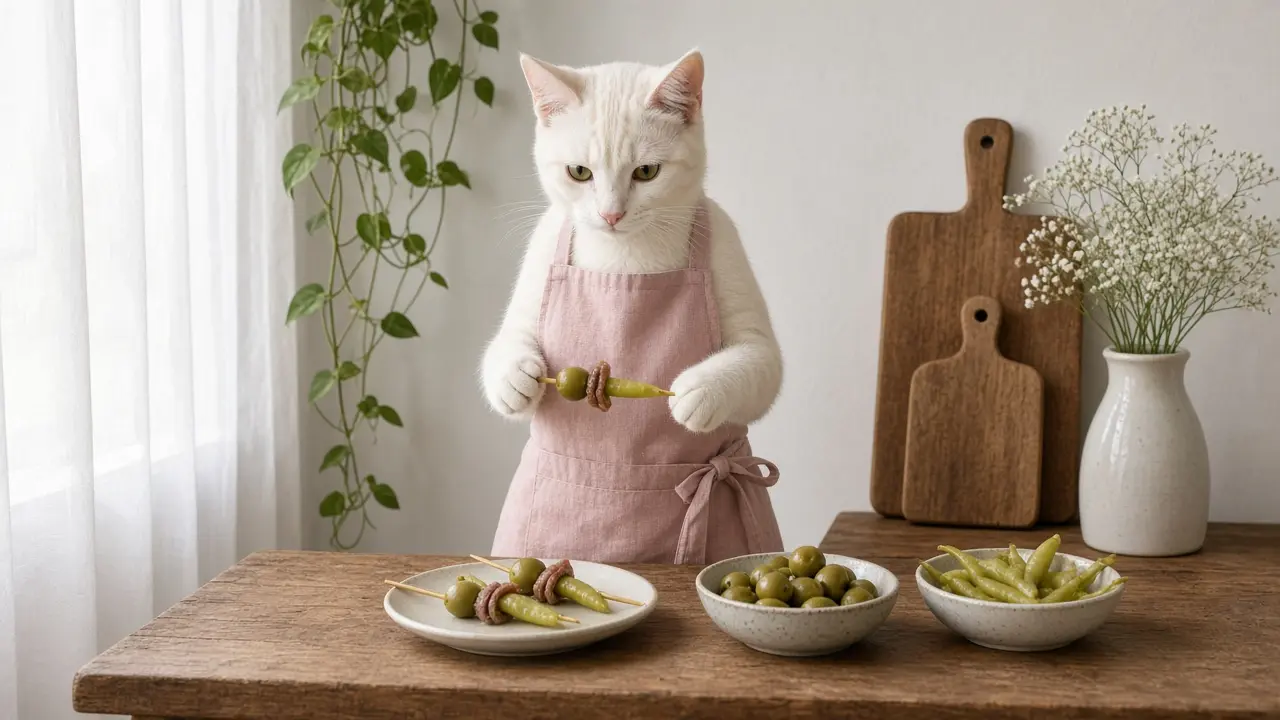 A cream-coloured cat in a pink apron, cooking this dish