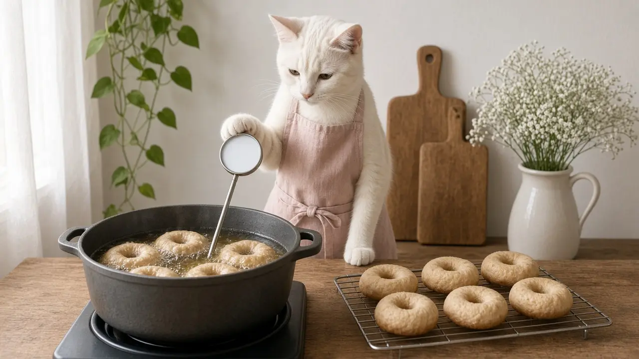 A cream-coloured cat in a pink apron, cooking this dish