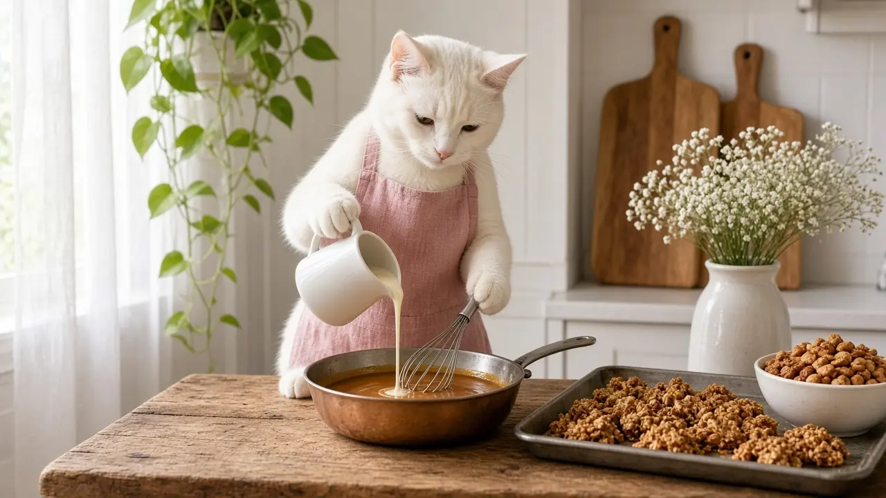 A cream-coloured cat in a pink apron, cooking this dish