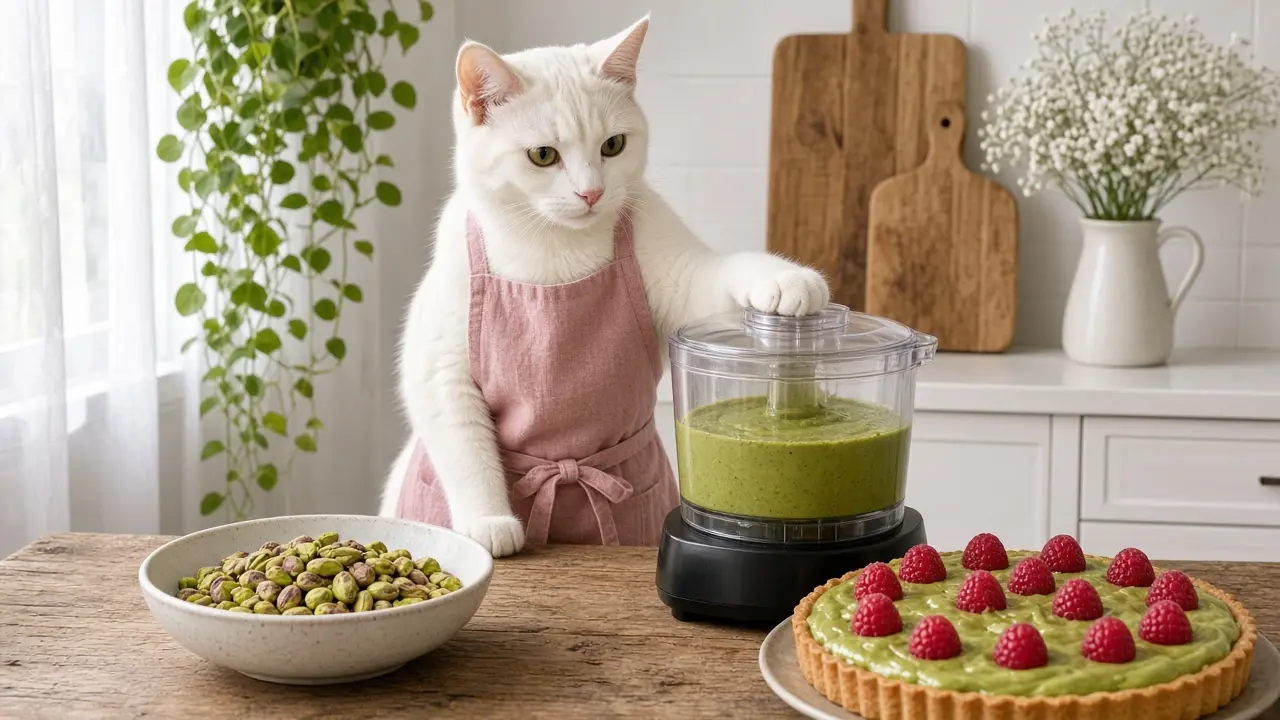 A cream-coloured cat in a pink apron, cooking this dish