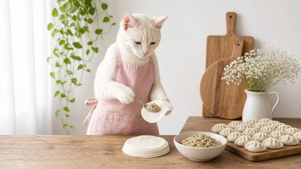 A cream-coloured cat in a pink apron, cooking this dish