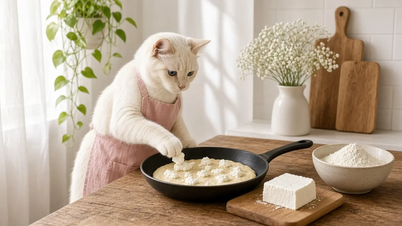 A cream-coloured cat in a pink apron, cooking this dish