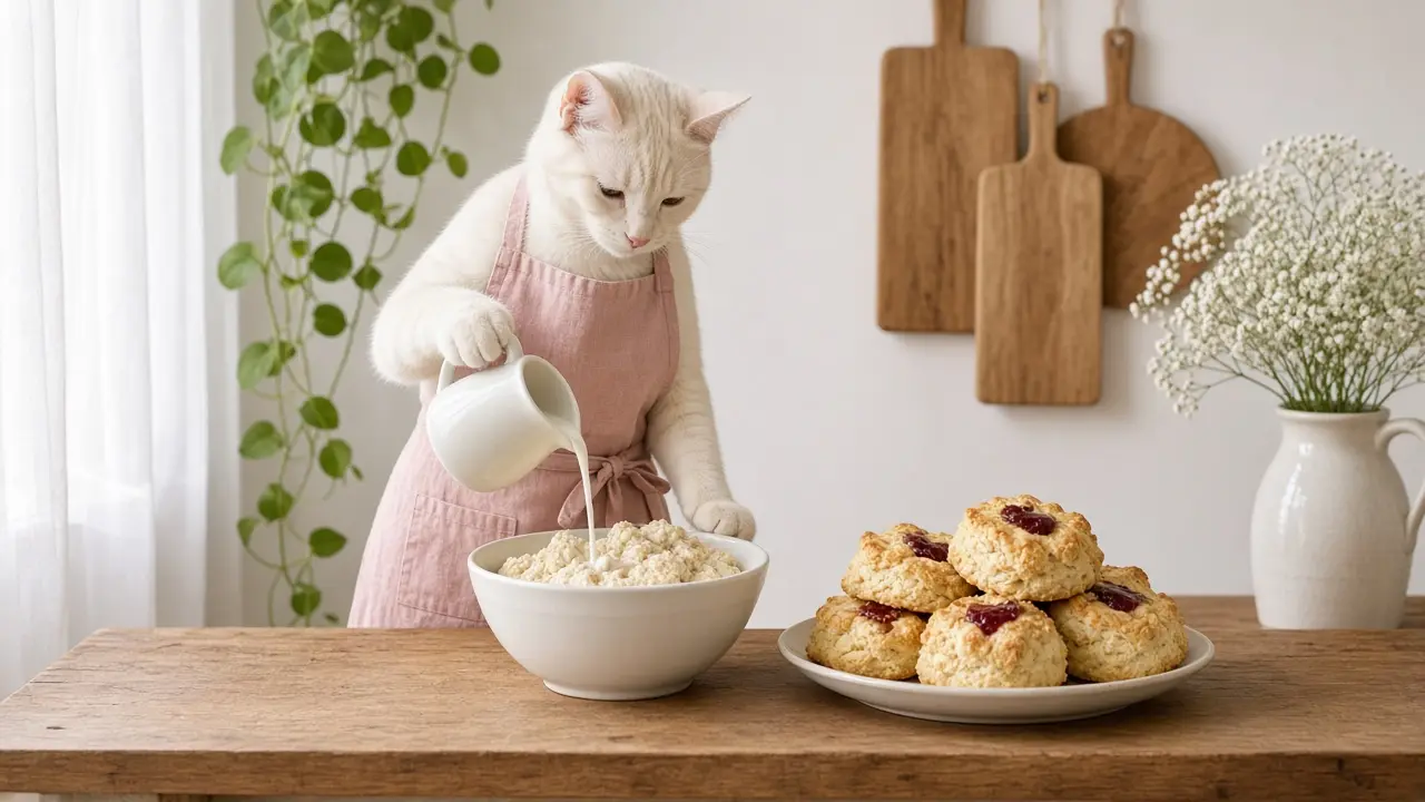A cream-coloured cat in a pink apron, cooking this dish