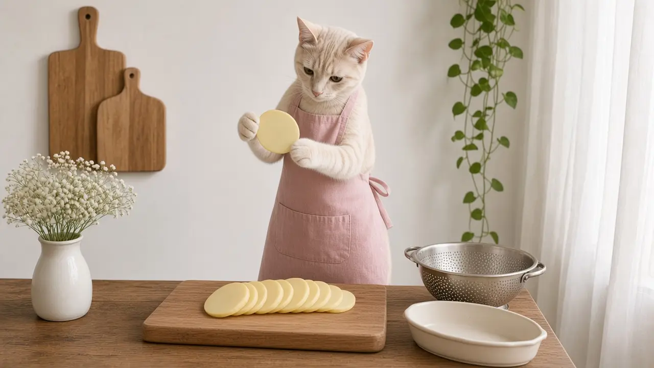 A cream-coloured cat in a pink apron, cooking this dish