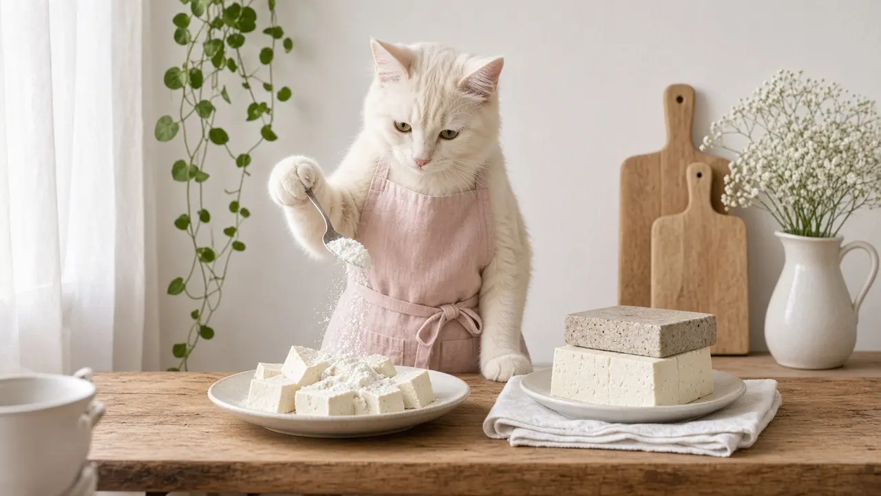 A cream-coloured cat in a pink apron, cooking this dish