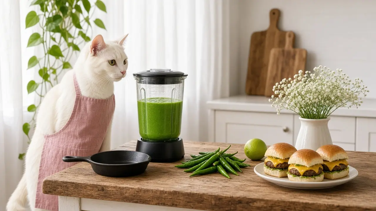 A cream-coloured cat in a pink apron, cooking this dish