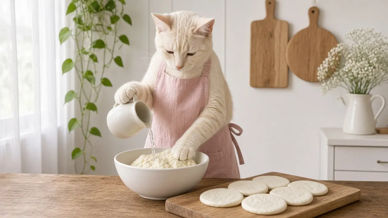 A cream-coloured cat in a pink apron, cooking this dish