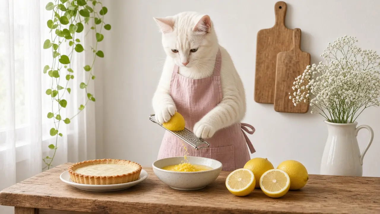 A cream-coloured cat in a pink apron, cooking this dish