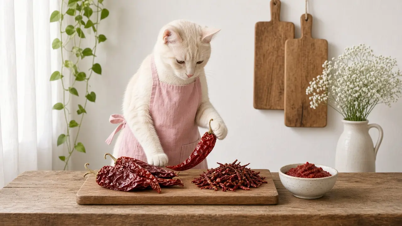 A cream-coloured cat in a pink apron, cooking this dish