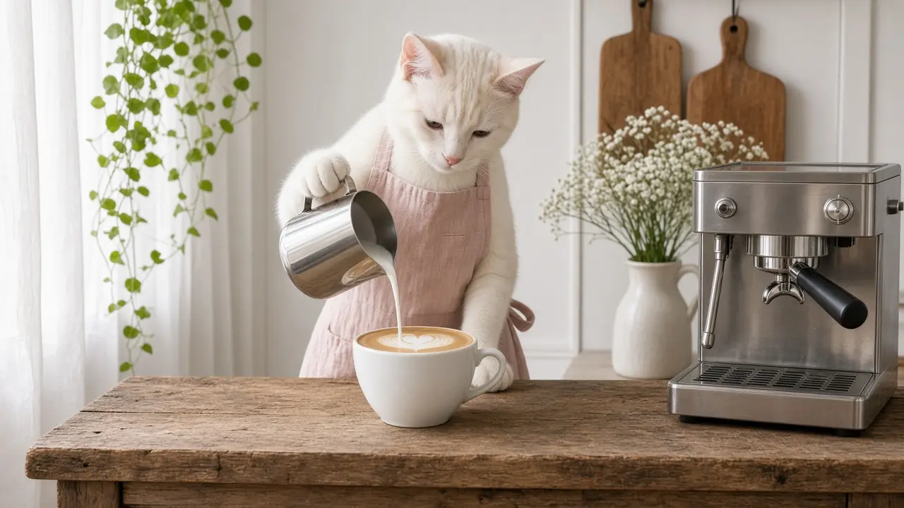 A cream-coloured cat in a pink apron, cooking this dish