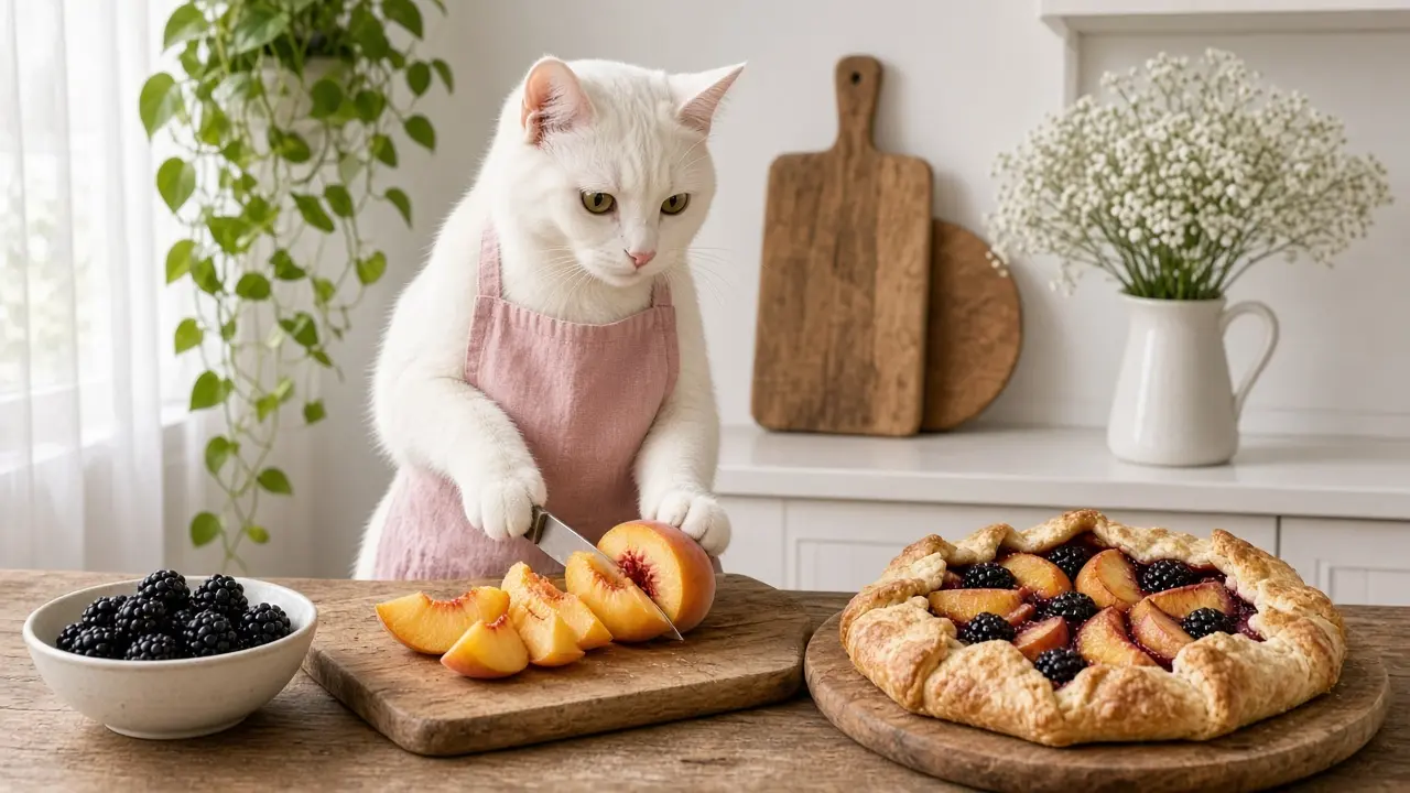 A cream-coloured cat in a pink apron, cooking this dish