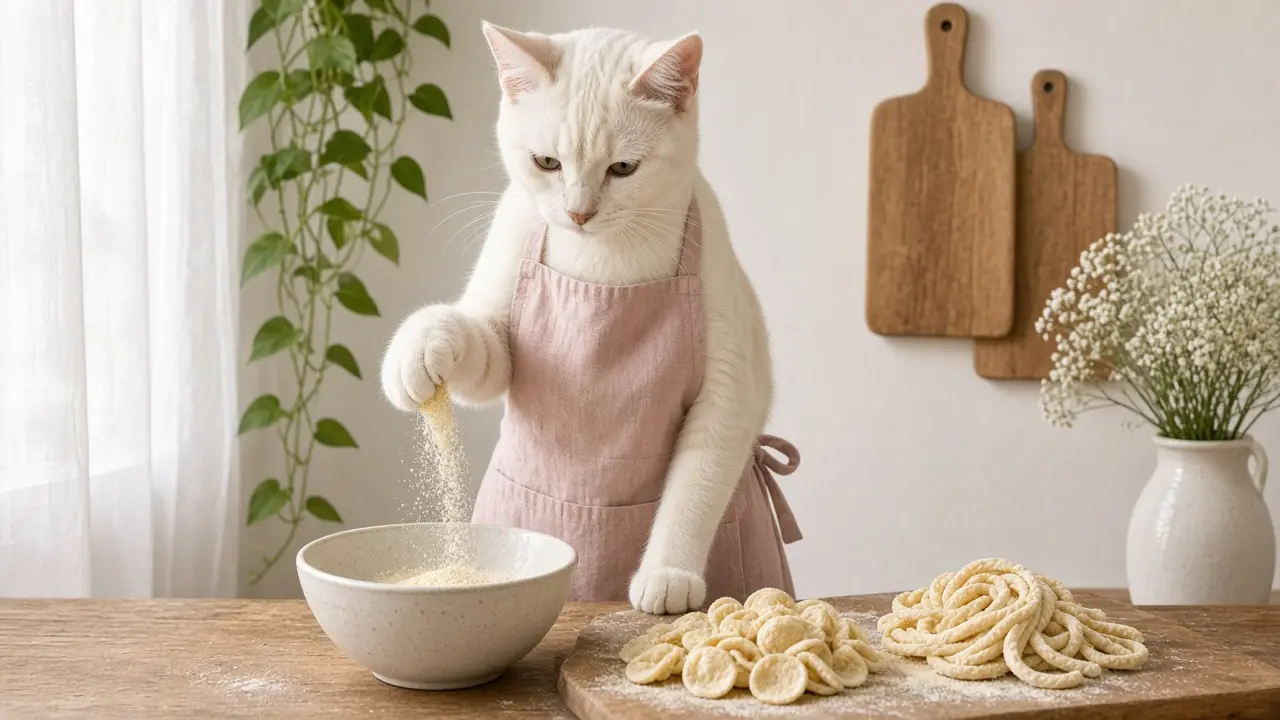 A cream-coloured cat in a pink apron, cooking this dish