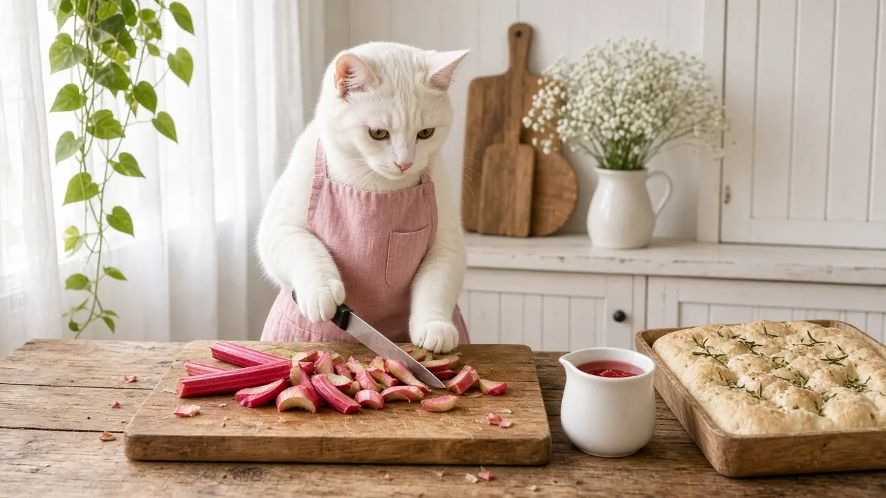 A cream-coloured cat in a pink apron, cooking this dish