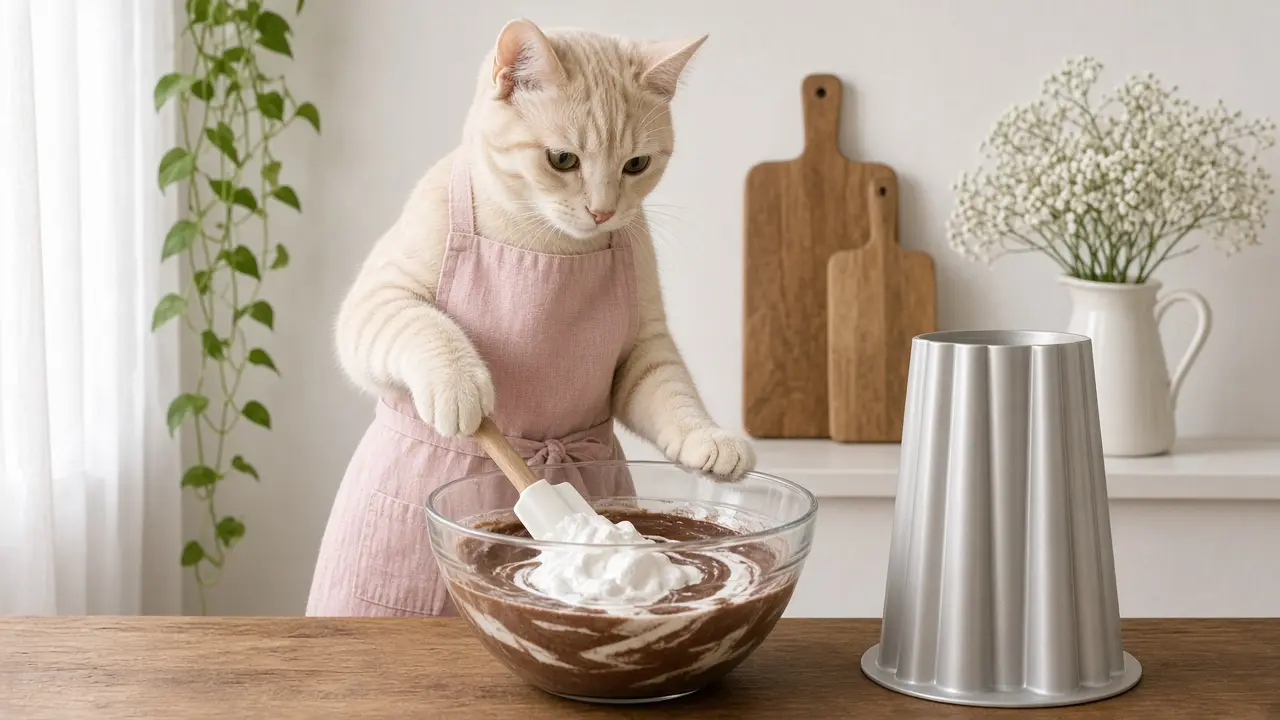 A cream-coloured cat in a pink apron, cooking this dish