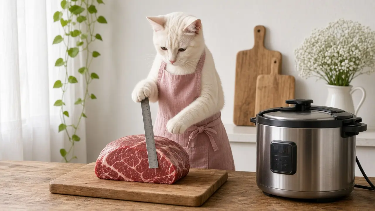 A cream-coloured cat in a pink apron, cooking this dish