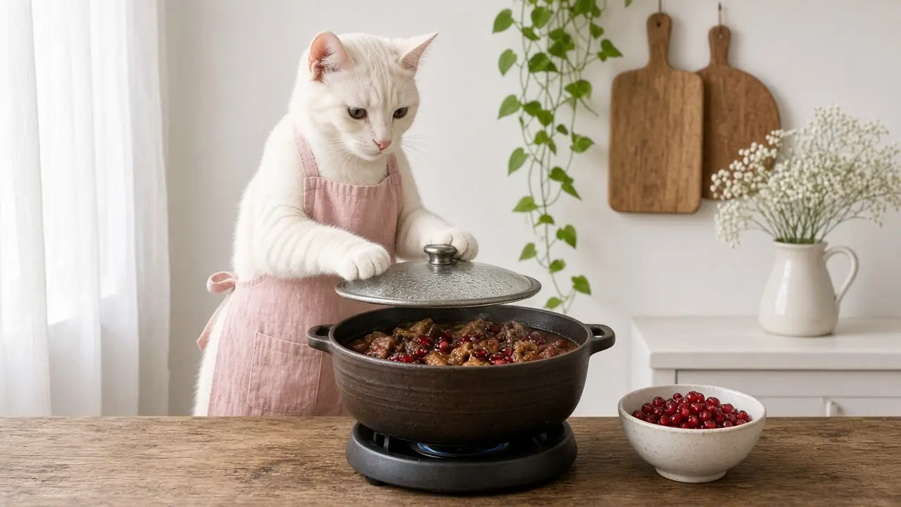 A cream-coloured cat in a pink apron, cooking this dish