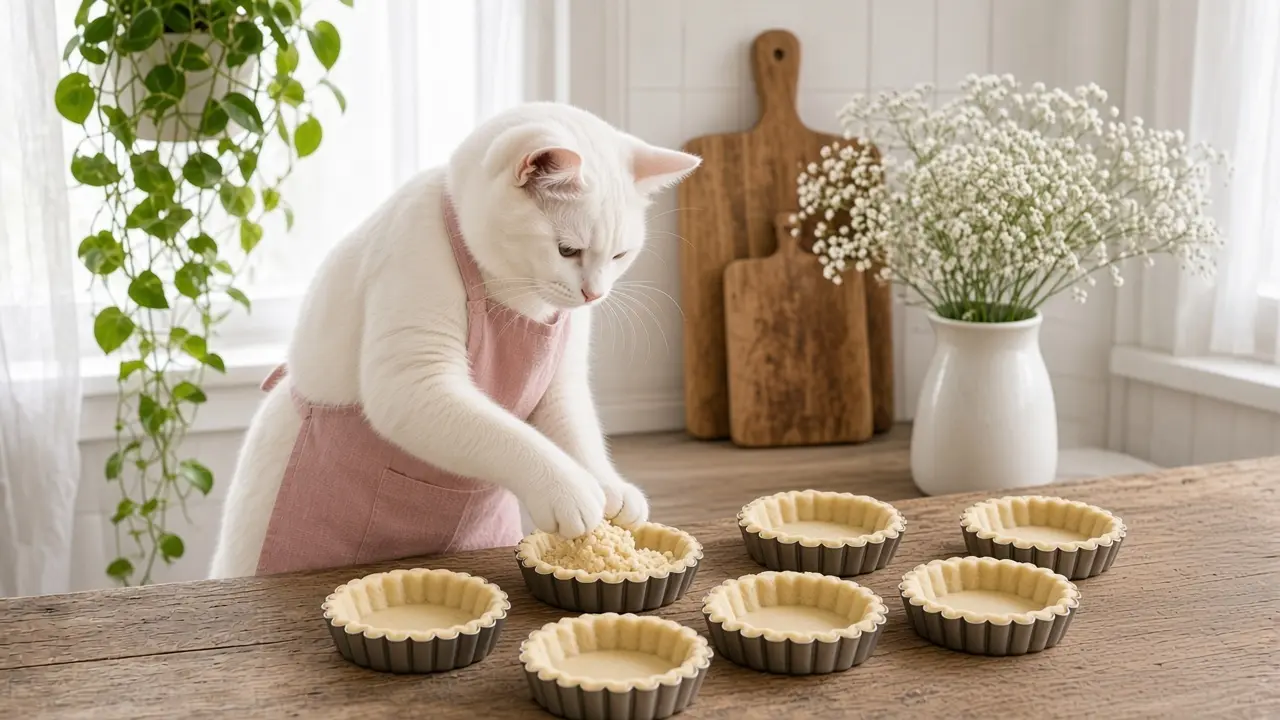 A cream-coloured cat in a pink apron, cooking this dish